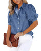 Damen Jeansbluse Mit Laternenärmeln Und Druckknöpfen
