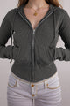 Damen Crop Top Gerippt Mit Reißverschluss Und Kapuze