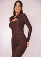 Enges gerafftes Midi-Kleid in Braun