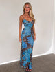 Eng anliegendes Maxikleid mit Sweetheart-Ausschnitt und blauem Blumenmuster