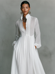 Patchwork Leinen Maxi Kleid Stehkragen