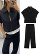 Damen Slim Revers Reißverschluss Kurzarm Mantel Oberteil Weite Bein Hose Set Schwarz
